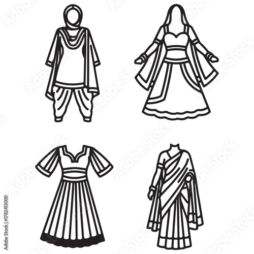 Collection of Indian Traditional Clothing Outfits Line Art Icons Indian clothing traditional dress
