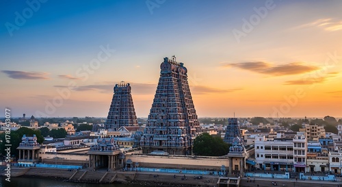 Ancient Hindu Temple Towers at Sunset in Madurai, Tamil Nadu, India.