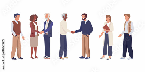 Diverse group of professionals in business attire shaking hands and standing together on white background