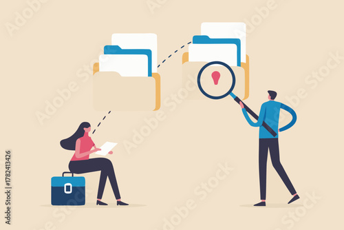 Business people analyzing data and searching for information in digital folders with a magnifying glass and lightbulb icon