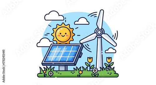 Sustainable Energy Solar Panels, Wind Turbine, Sun, and Eco-Friendly Power Generation Icon