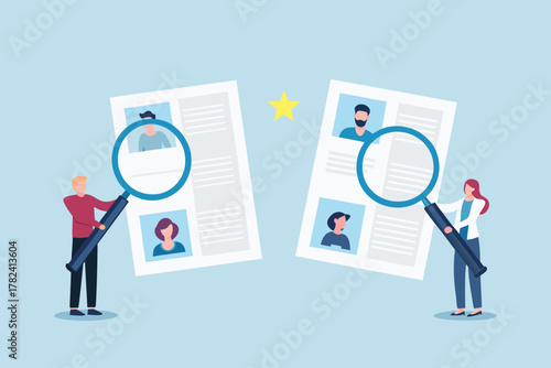 Two people using magnifying glasses to review resumes and profiles for hiring and recruitment