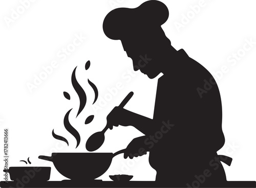 Silhouette of a chef cooking in a wok with steam rising vector