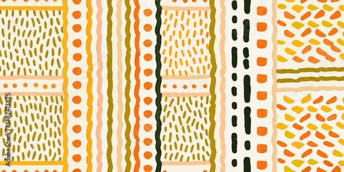 Abstract geometric pattern with vertical stripes and organic shapes in earthy tones
