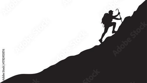 Silhouette of a hiker climbing a steep mountain slope with a walking stick vector