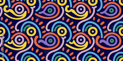 Vibrant abstract organic shapes and dots in a seamless repeating pattern on a dark blue background