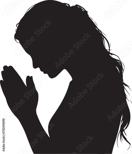 Silhouette of a woman with long hair praying with hands clasped female prayer