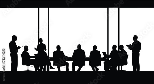 Business meeting silhouettes in modern office boardroom showing teamwork, leadership discussion, corporate strategy planning, and professional collaboration concept illustration