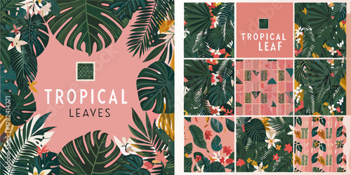 Collection of tropical leaves and flowers on a pink background with text elements