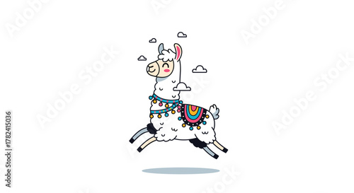 Joyful cartoon llama leaps through the air, adorned with vibrant, colorful pom-pom decorations, set against a simple white background with whimsical clouds.