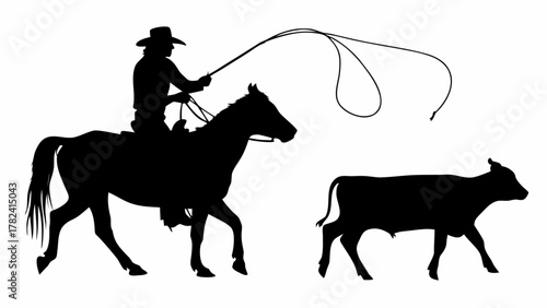 Dynamic cowboy silhouette astride horse roping calf, evokes Western heritage, perfect for branding, apparel, or historical themes, rustic, bold, and iconic