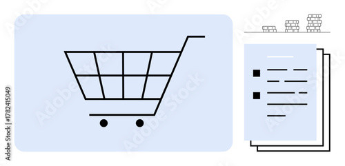 Minimalist shopping cart next to stacked inventory items and documents. Ideal for e-commerce, online shopping, retail management, inventory control, logistics, business analysis, and marketing