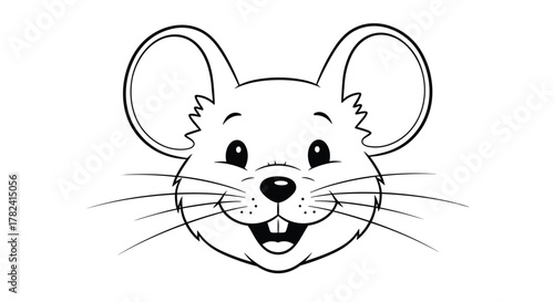Happy cartoon mouse face with prominent whiskers and a wide smile, depicted in a clean, black and white outline style, perfect for coloring books.