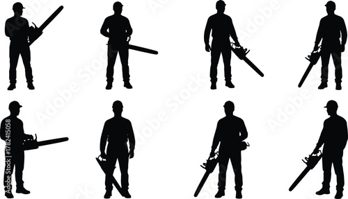 Chainsaw worker silhouettes, black vector, safety gear, tool handling, cutting posture, outdoor activity, protective clothing, gesture variation, labor scene, illustration concept