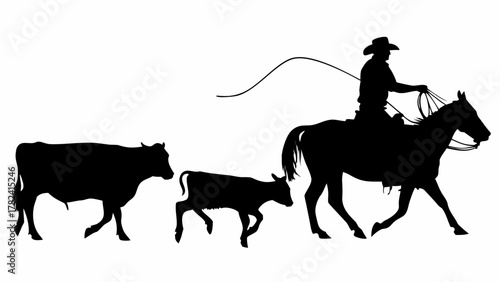 Cowboy herding cattle on horseback with lasso, embodying Western tradition and outdoor ranching lifestyle, perfect for branding and marketing campaigns