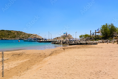 Kolymbia harbor with sandy beach on Rhodes island. Dodecanese, Greece
