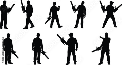 Chainsaw operator silhouettes, black vector, safety posture, workwear figure, tool handling, outdoor activity, gesture variation, cutting motion, illustration concept, labor scene