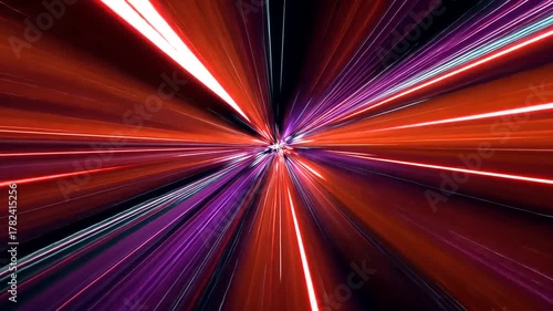 Vibrant red and purple light streaks radiate from a central point, abstract speed