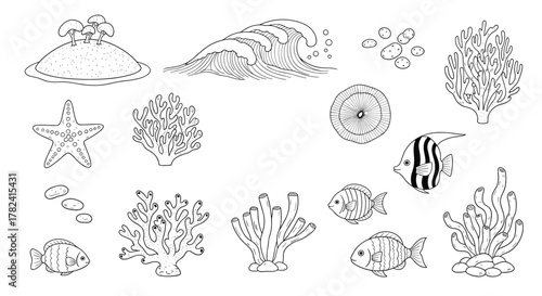 Comprehensive collection of diverse marine elements, rendered in a crisp black and white outline style, including ocean waves, exotic fish, starfish, and coral formations.