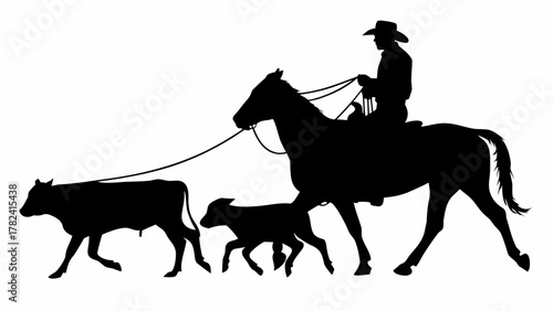 Vintage Western Cowboy Herding Cattle on Horseback Silhouette Design, Perfect for Ranch Branding and Rustic Decor, Capturing the Spirit of the Wild West Lifestyle