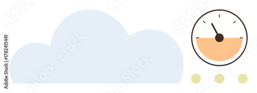 Cloud shape next to a gauge meter partially filled, representing storage utilization and performance. Ideal for data management, cloud service, analytics, monitoring, technology, efficiency, simple