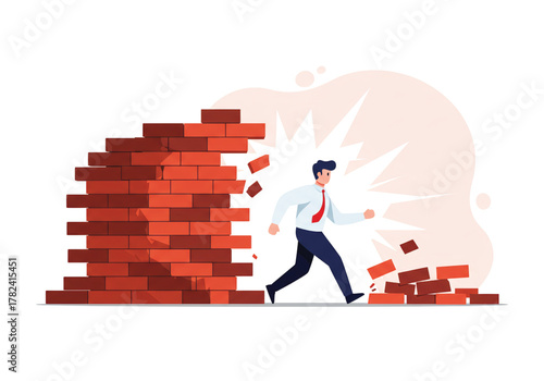 A businessman breaks through a brick wall, symbolizing overcoming obstacles, challenge, success, and achievement.