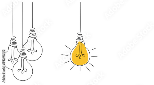 One continuous line drawing of hanging light bulbs with one shining. Concept of creative idea