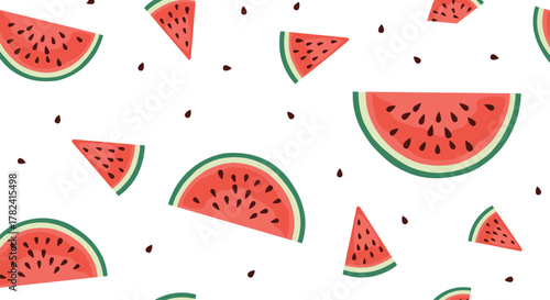 Refreshing seamless pattern features a vibrant scattering of fresh, juicy watermelon slices and scattered black seeds across a crisp white background.