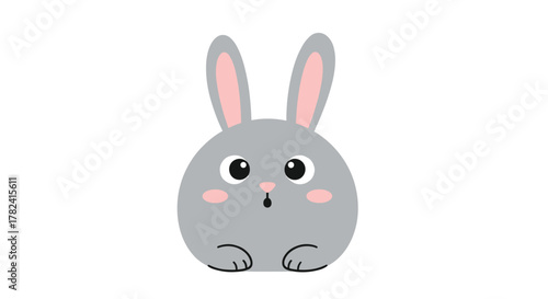 Charming round gray bunny with soft pink ears and rosy cheeks gazes with a charmingly surprised expression, perfect for children's designs and sweet cards.