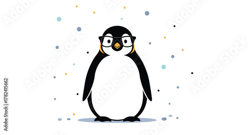 Smart and adorable cartoon penguin stands proudly wearing stylish black-rimmed glasses, surrounded by a playful scattering of colorful, abstract polka dots.