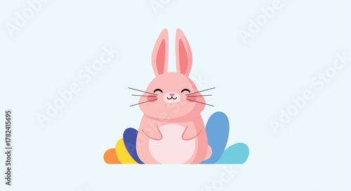 Cheerful pink cartoon bunny sits happily upon a collection of vibrant, abstract, rainbow-colored shapes, exuding a playful aura for children's designs.