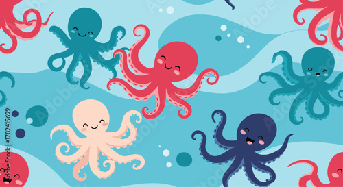 Lively seamless pattern depicts an array of adorable, colorful cartoon octopuses happily swimming amidst dynamic blue waves and playful underwater bubbles.