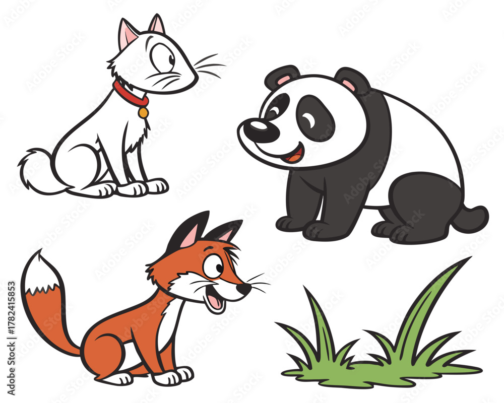 Obraz premium Cartoon animals cat, panda, and fox
