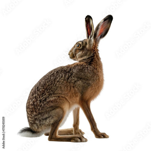 Brown hare sitting on a black background looking up