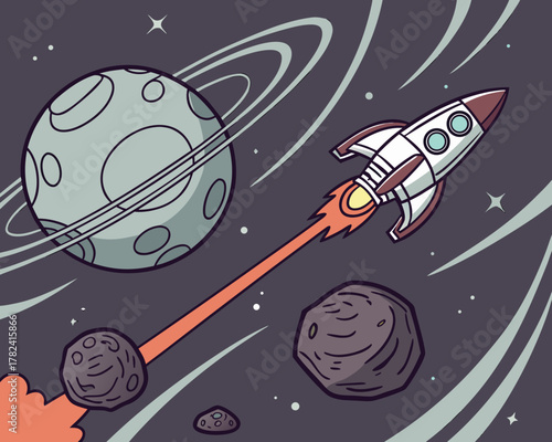 Cartoon rocket flying through space