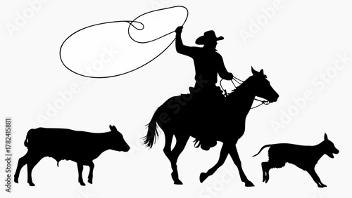 Dynamic cowboy silhouette riding horse with lasso, herding cattle and dog, evoking the spirit of the Wild West and American tradition, perfect for Western themes