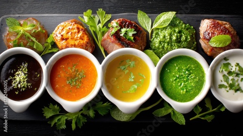 Gourmet Grilled Meats and Assorted Sauces on Dark Board, Food, Cuisine, Meal