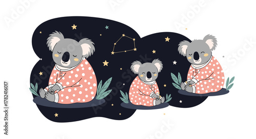 Whimsical scene features three adorable cartoon koalas, dressed in polka-dot pajamas, sweetly sleeping on fluffy clouds under a starry night sky with constellations.