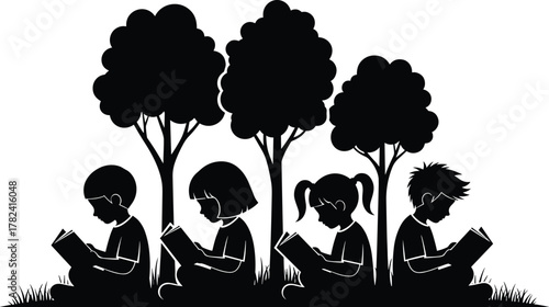 Children reading silhouette, outdoor learning, black vector, educational scene, diverse kids, peaceful nature, book lovers, study time, tree background, childhood education