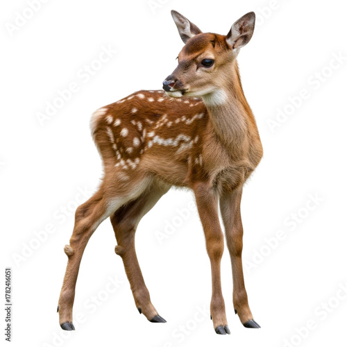 Adorable spotted fawn looking over its shoulder against a black background
