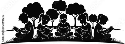 Children reading, silhouette illustration, outdoor learning, peaceful moment, black design, park scene, literacy concept, nature background, educational theme, sitting pose