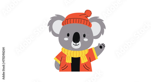 Cheerful cartoon koala, warmly dressed in a bright orange winter hat and a cozy yellow scarf, raises a friendly paw in a joyful wave.