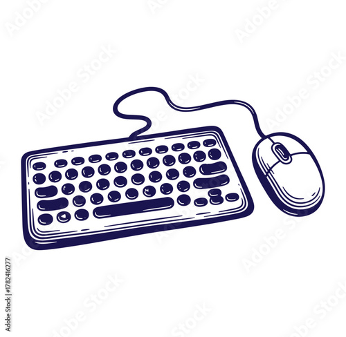 Hand drawn illustration of a computer keyboard and mouse in a simple outlined style