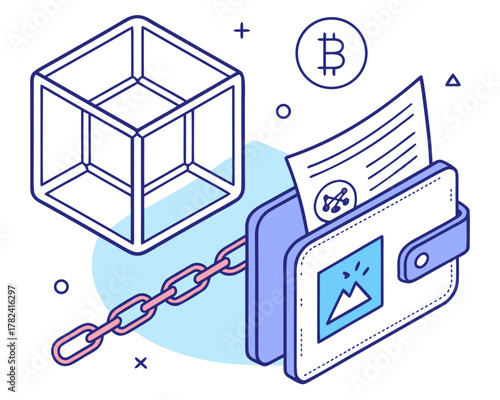 Isometric illustration of cryptocurrency wallet and blockchain
