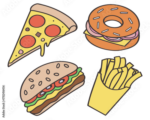 Pizza, donut, burger, and french fries