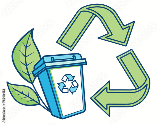 Recycle bin with leaves and recycle symbol