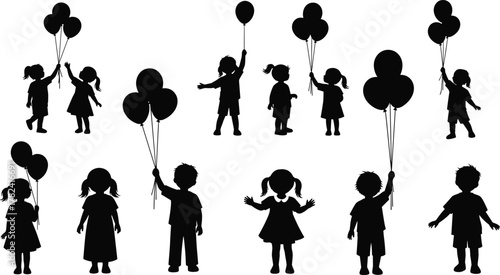 Children silhouette, balloon holding, playful kids, black illustration, happy moment, group activity, celebration scene, outdoor fun, childhood joy, festive pose