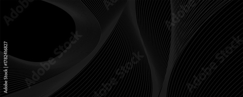 Black abstract background design. Modern wavy line pattern in monochrome colors. Premium stripe texture for banner, business backdrop. Dark horizontal vector template