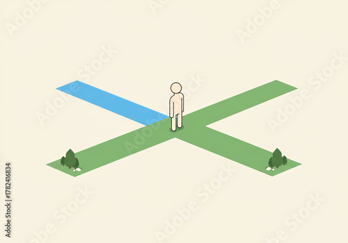 A simplified illustration depicts a solitary figure standing at a crossroads, facing a choice between two diverging paths, one leading to a blue expanse and ...