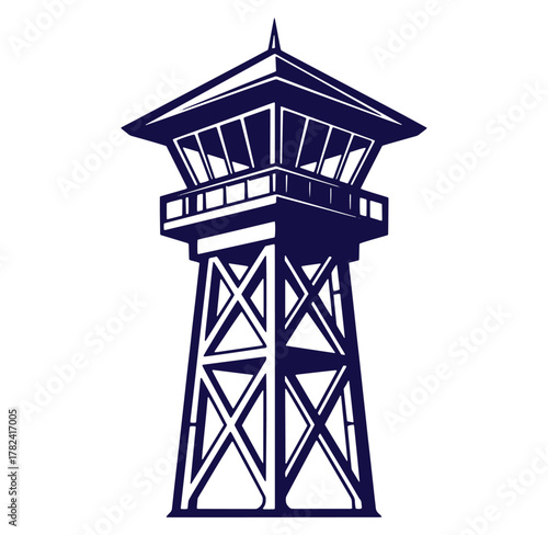 Isolated vector illustration of a dark navy blue fire lookout tower against a white background